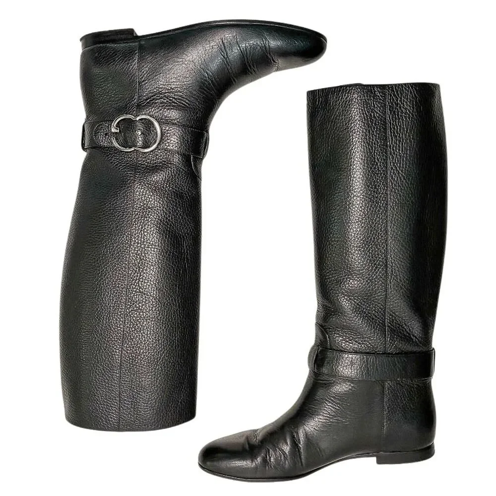 Gucci Sachalin Interlocking GG Riding Boots Black Leather EU 37 Knee High